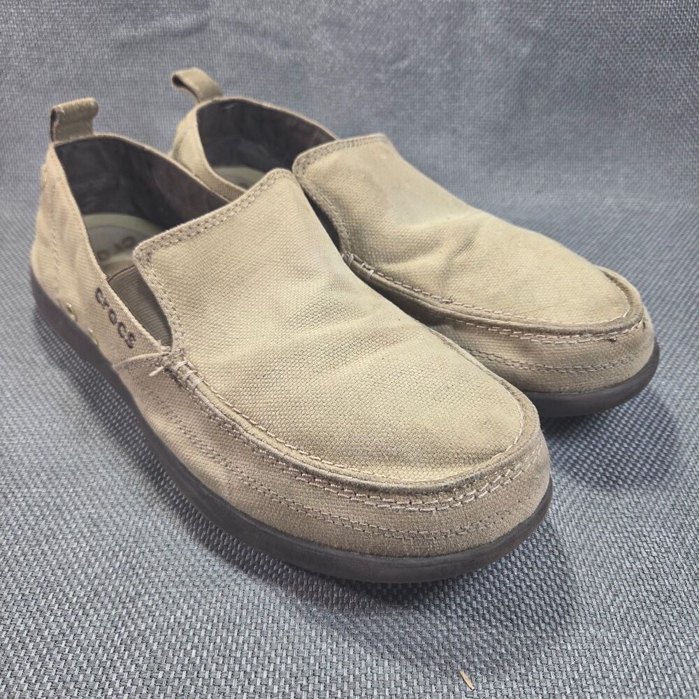 Crocs Santa Cruz Men's 11 Brown Canvas Loafers Casual Slip On Low Top Shoes